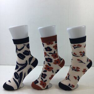 Womens Crew Socks Set 3 Floral Print Beige Black Red Orange